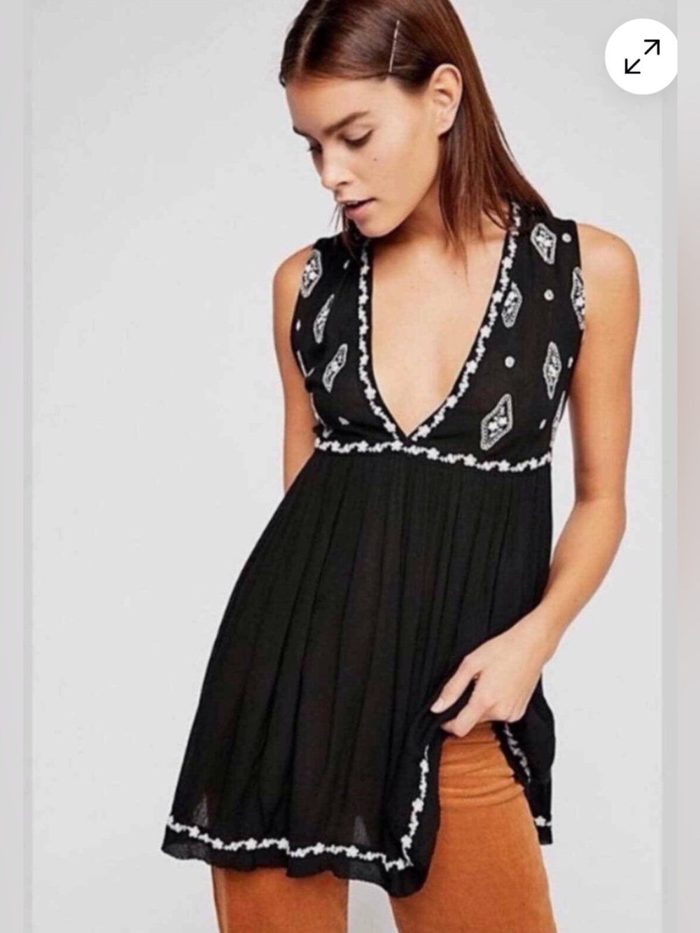 Free People Bohemian Black Sleeveless V-Neck Embroidered Tunic